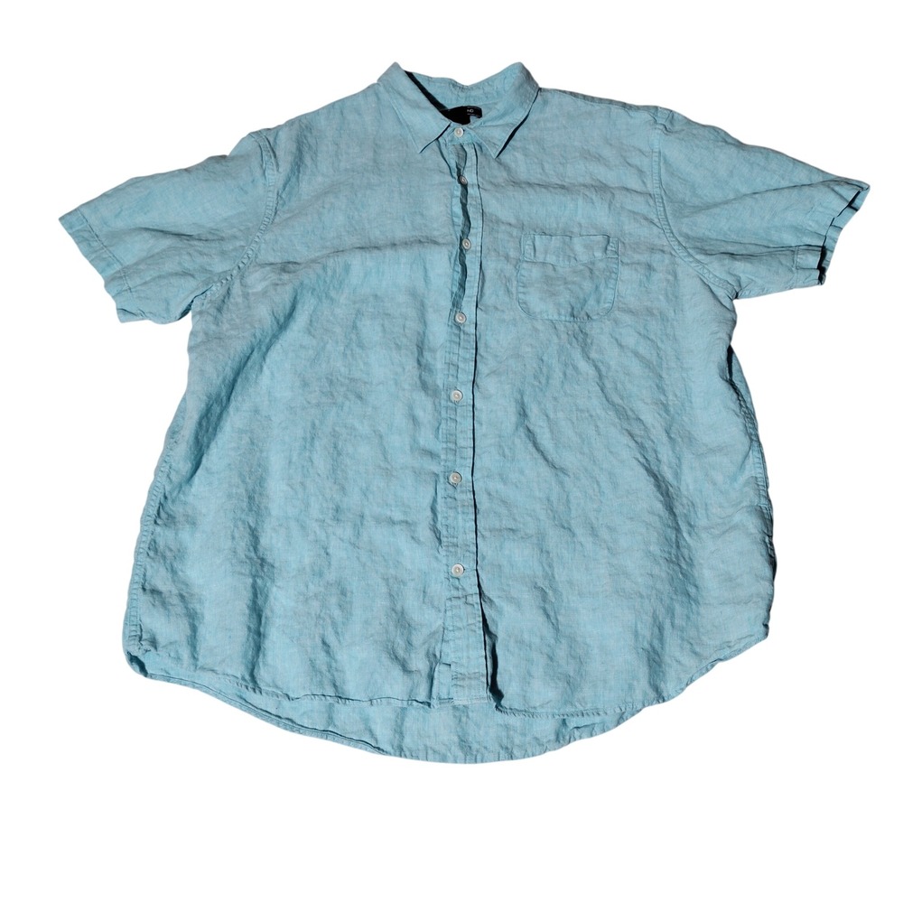 Lands End Mens XL Light Blue 100% Linen Short Sleeve Button Down Shirt